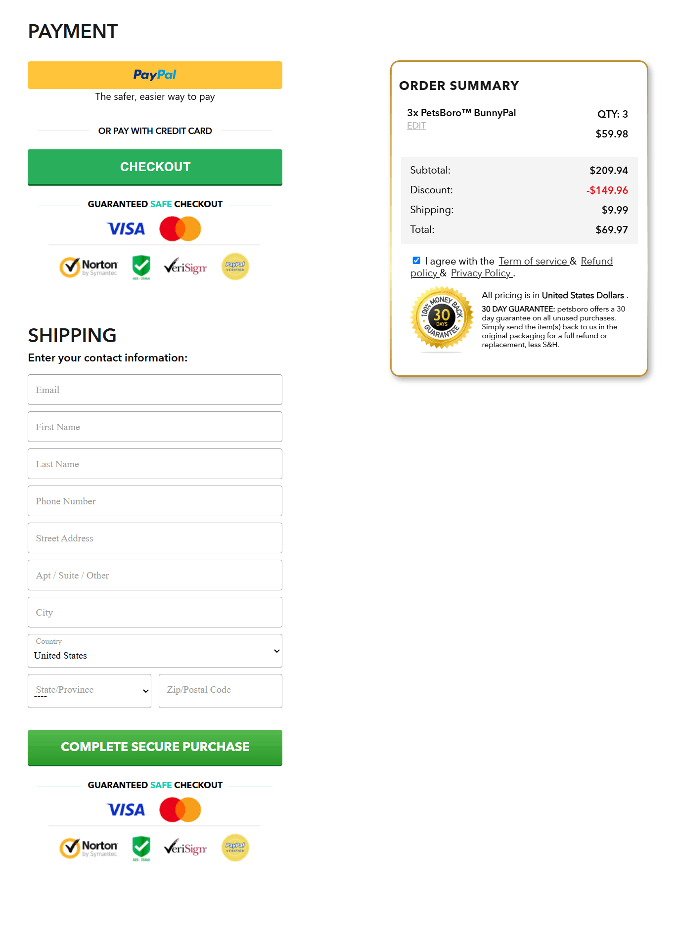 PetsBoro BunnyPal checkout page